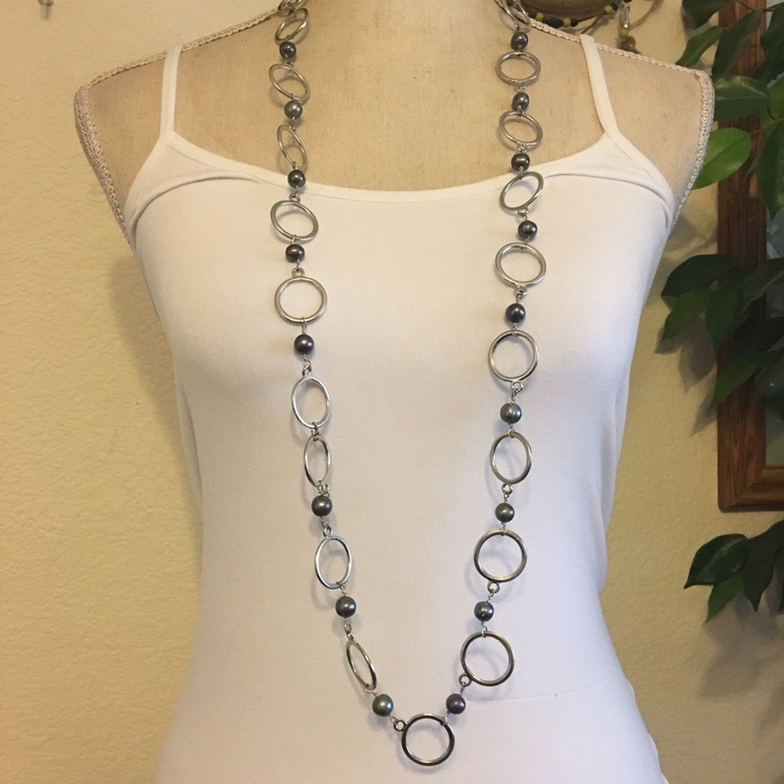 Jewelry Silver links with pearl accent long necklace Size ONE SIZE - 1 Thumbnail