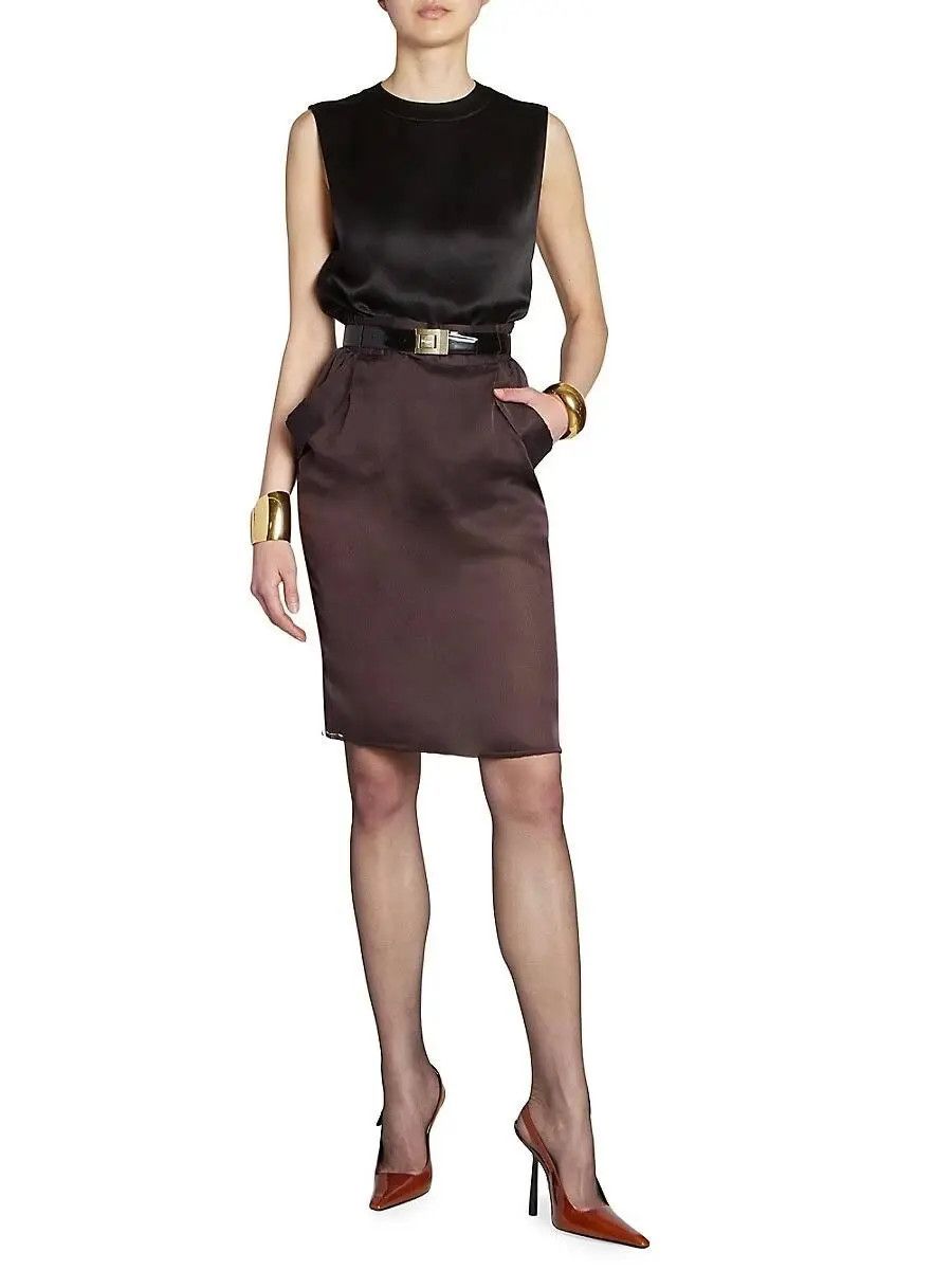 Saint Laurent Paris o1s1wg111024 Silk Muslin Pencil Mini Skirt in Dark Brown Size 27" / US 4 / IT 40 - 2 Thumbnail