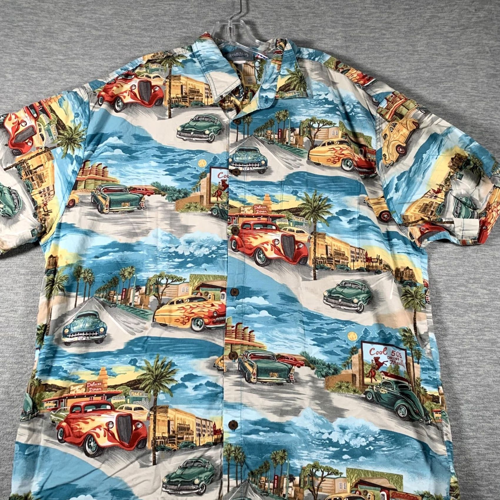 Vintage High Seas Trading Co Hawaiian Aloha Shirt Mens XL Blue Retro Hot Rod Cars Size US XL / EU 56 / 4 - 2 Thumbnail