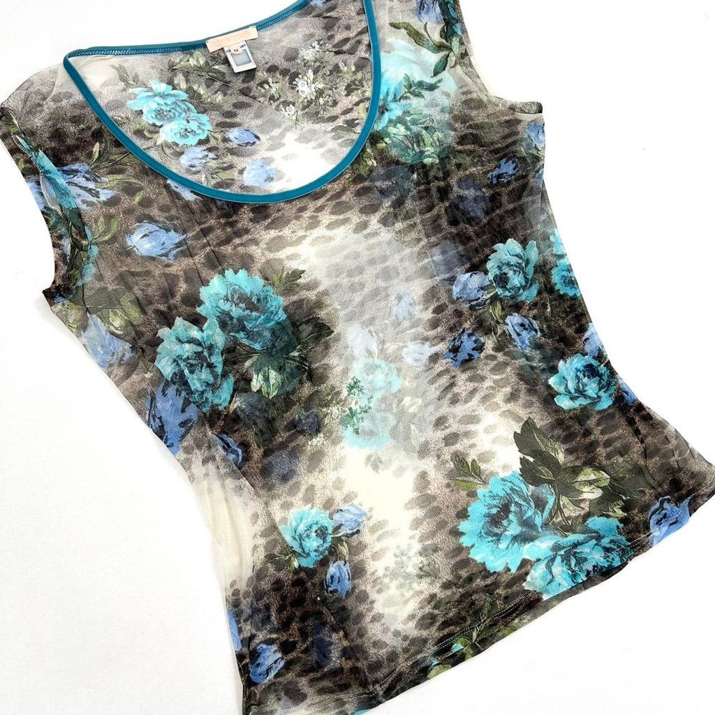 Roberto Cavalli Roberto Cavalli mesh top, blue floral brown leopard print Size XL / US 12-14 / IT 48-50 - 4 Thumbnail