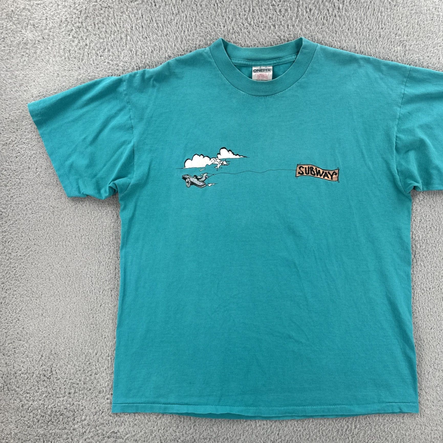 Vintage VINTAGE Oneita Mens XL Green Single Stitch Shirt USA 90s Subway Sandwiches Promo Crew Neck Short Sleeve Mens Shirt Blue/Green 90s Theme Size US XL / EU 56 / 4 - 4 Thumbnail