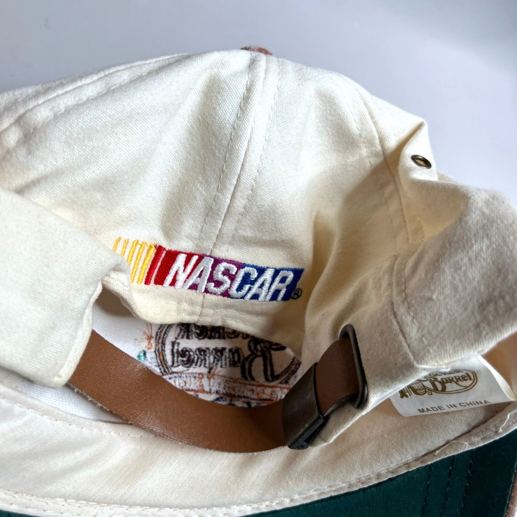 NASCAR VINTAGE Cracker Barrel 500 NASCAR Hat Cream Tan Suede Brim Leather Strap Cap Men One Size Ivory Canvas Adjustable Bre breathable 90s? Size ONE SIZE - 4 Thumbnail
