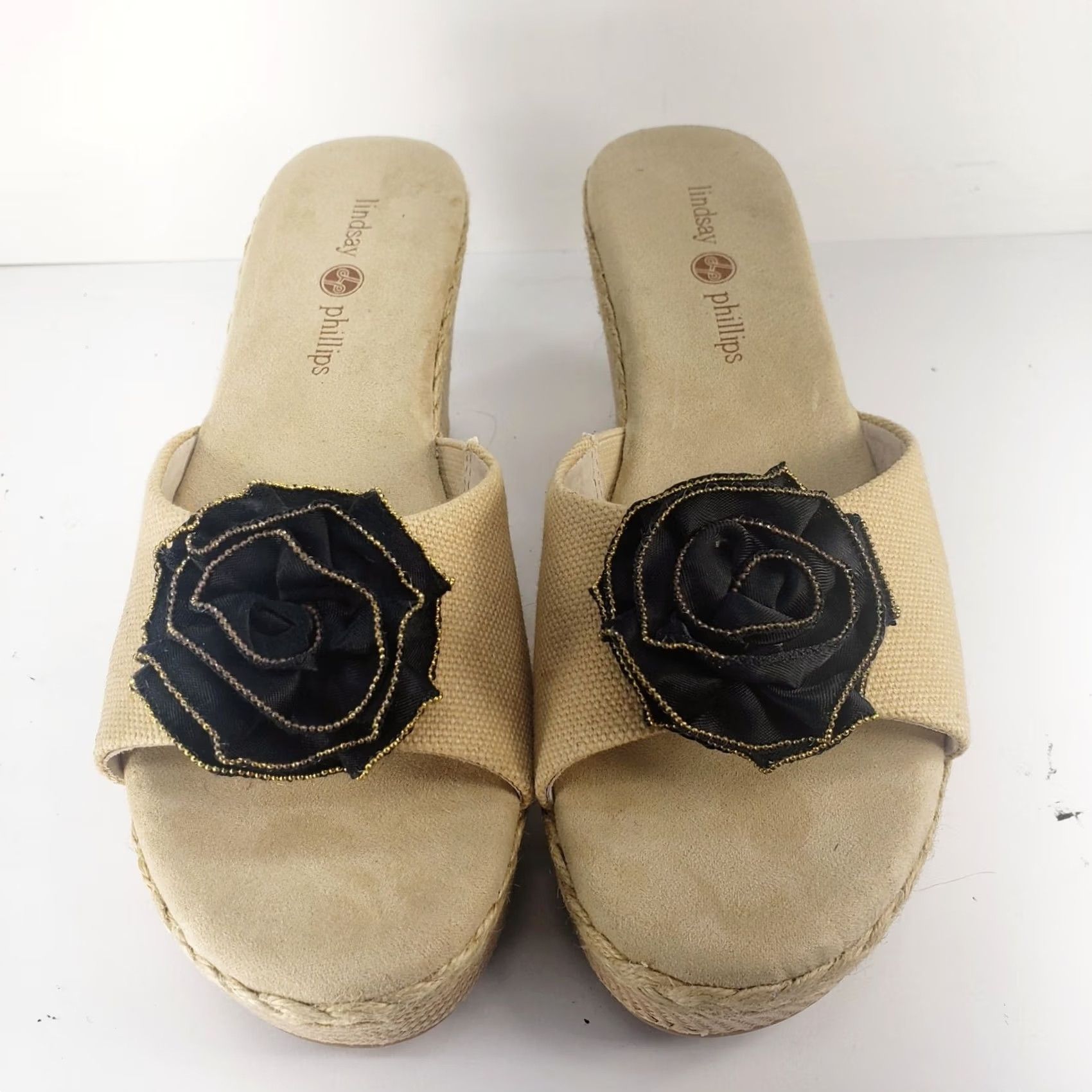 Vintage Lindsay Phillips Wedge Heel Sandals Interchangeable Flower Snaps Womens Sandal 7 Beige Floral Rhinestone Slip On Size US 7 / IT 37 - 3 Thumbnail