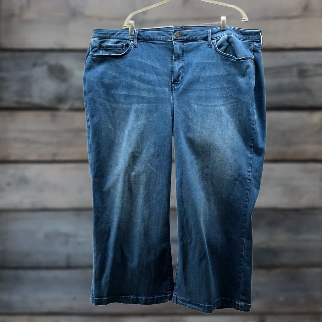 NYDJ NYDJ Jeans Womens 24W Blue Medium Wash Stretch High Rise Wide Leg Crop Ankle 5-Pocket Denim Slimming Pockets Button Zip XXS-Plus? Size 42" / US 20 - 1 Thumbnail