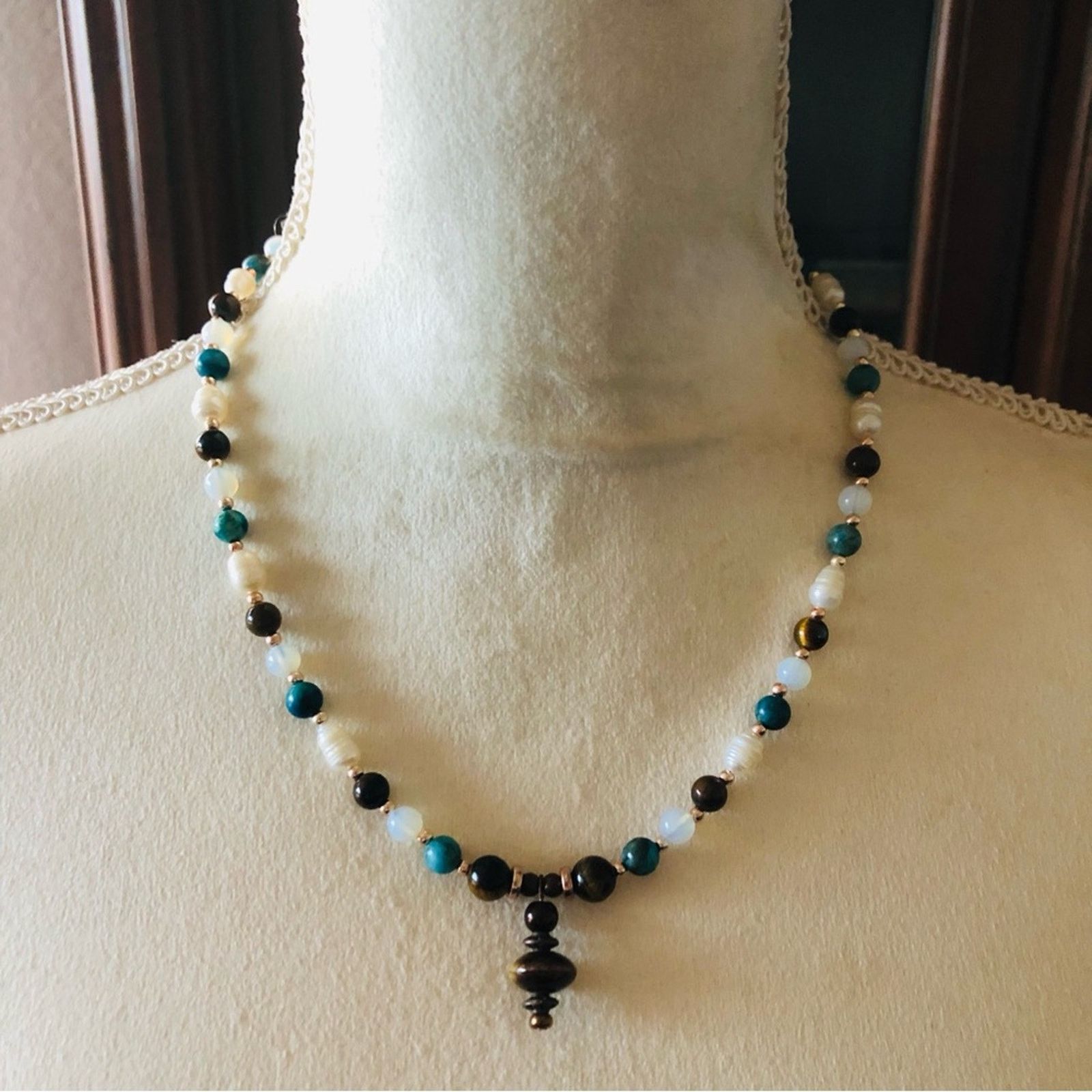 Handmade Handcrafted Tiger eye howlite stone genuine pearl necklace Size ONE SIZE - 2 Thumbnail