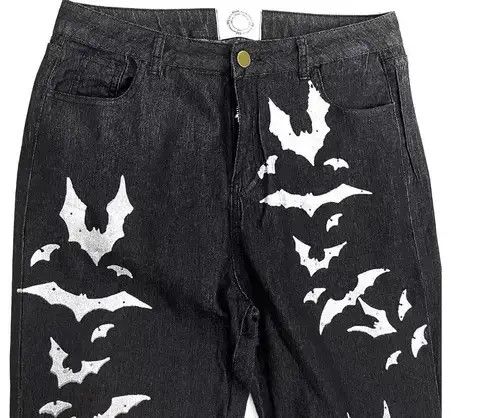 Jean Washed distressed pleated micro-flare bat-print jeans Size US 32 / EU 48 - 3 Thumbnail