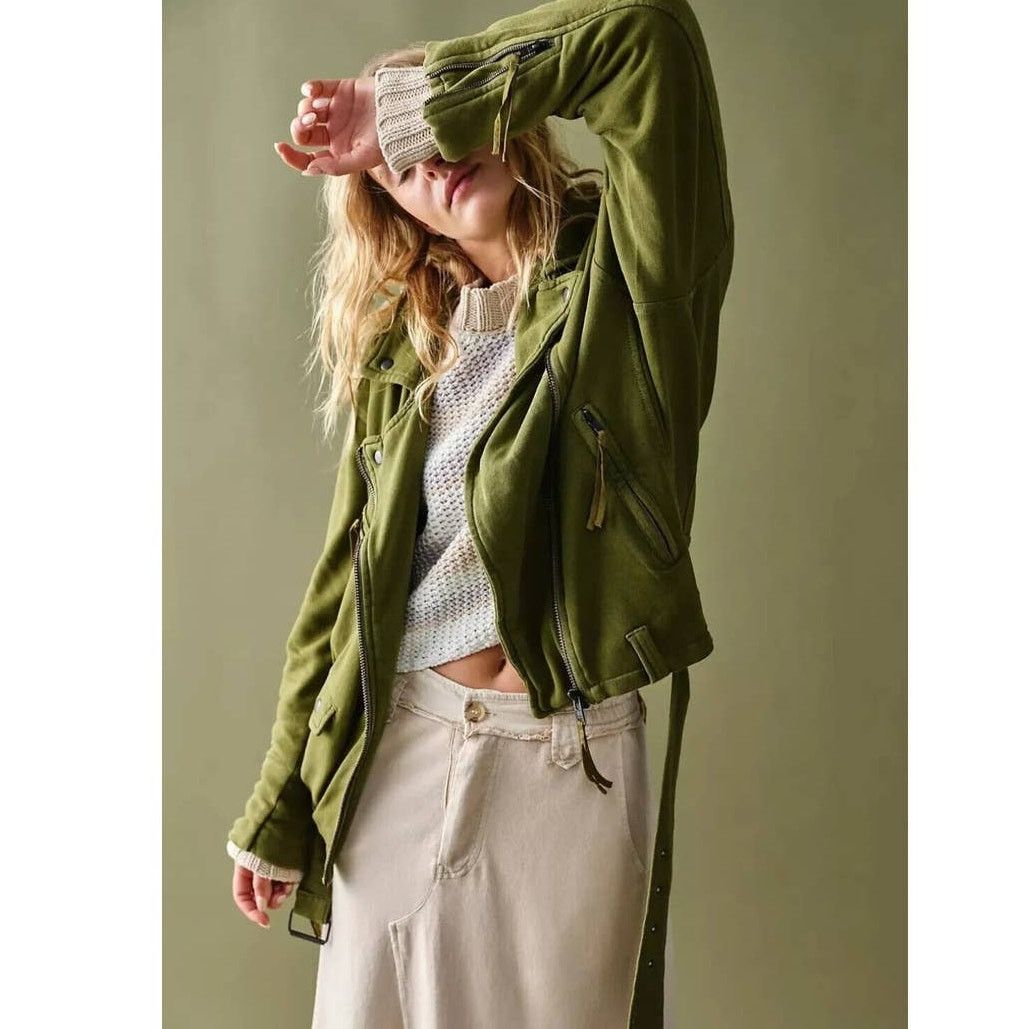 Free People New Free People WTF Rebel Rebel Knit Moto Jacket SM Olive Size S / US 4 / IT 40 - 1 Thumbnail