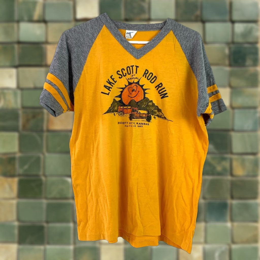 Vintage VINTAGE Lake Scott Kansas Rod Run 3rd V-Neck T-Shirt Paulison XL Yellow 1980s Graphic Tee Mens Womens Unisex Polyester Cotton Blend Short Sleeve Size US XL / EU 56 / 4 - 1 Thumbnail