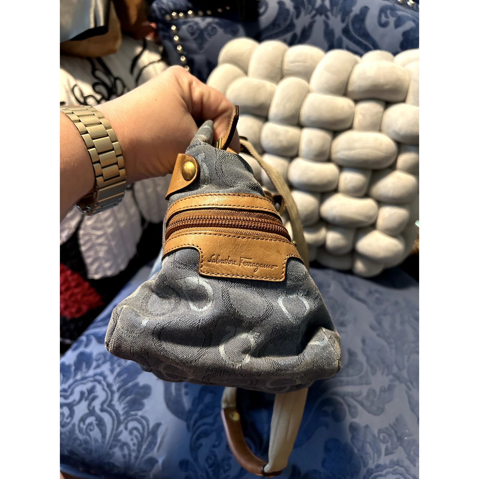 Salvatore Ferragamo Vintage Salvatore Ferragamo Gancini-pattern Blue Denim Size ONE SIZE - 5 Thumbnail