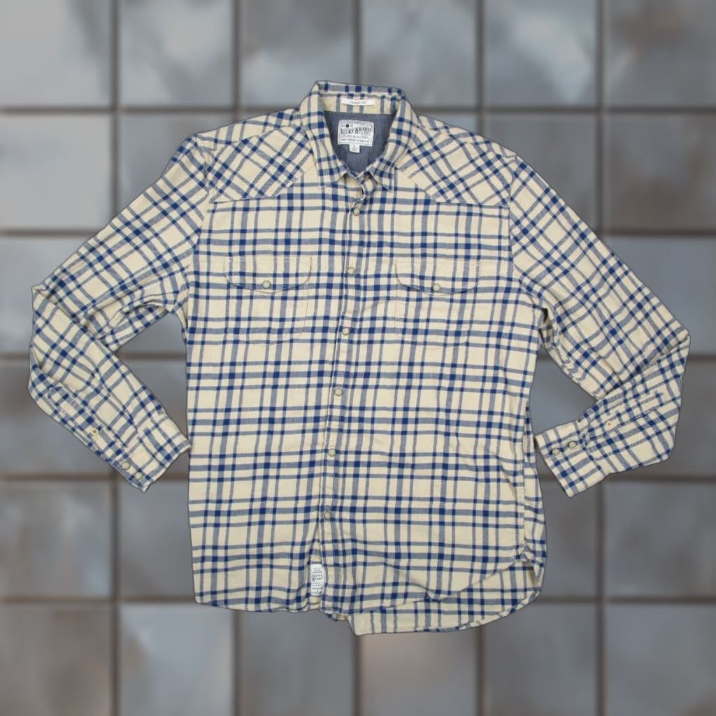 Lucky Brand Lucky Brand Shirt Adult Large Blue Check Satuday Stretch Button-Up Pearl Snaps Pockets Cotton Blend Classic Fit Mens Size US L / EU 52-54 / 3 - 1 Thumbnail