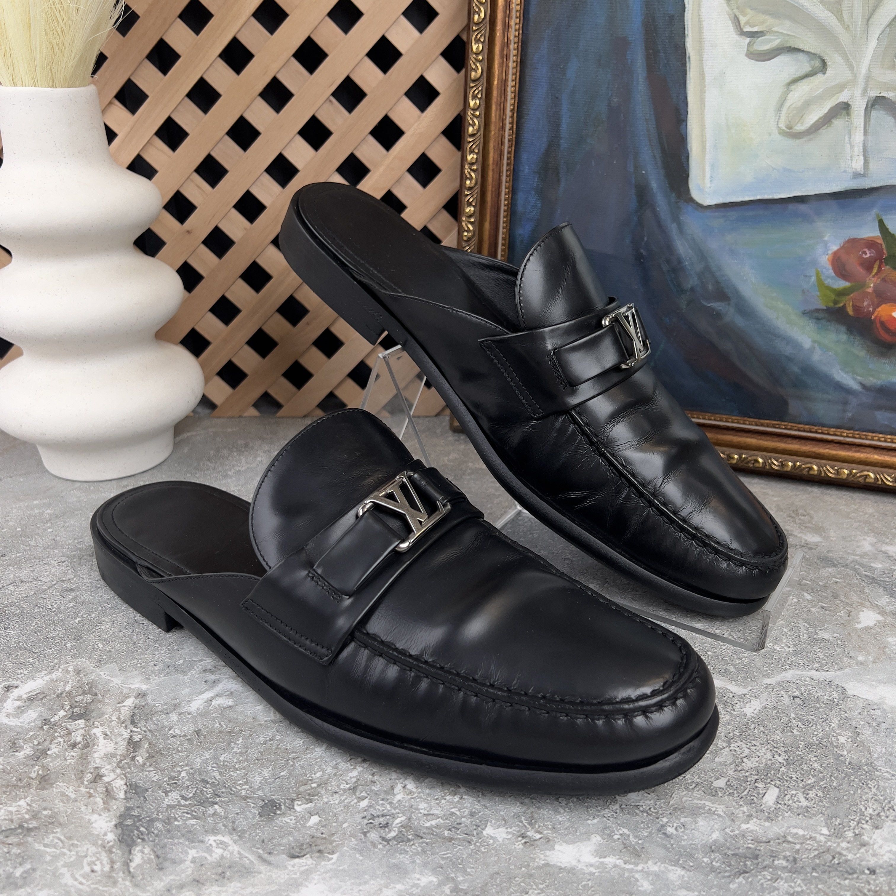 Louis Vuitton Major Open Back Loafers Mules Black Glazed Leather Size US 10 / EU 43 - 6 Thumbnail