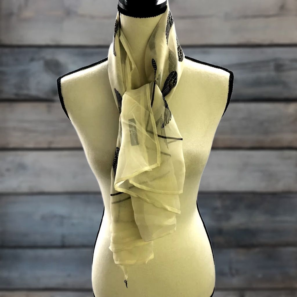 Vintage Donni Charm Silk Blend Scarf Womens Shawl Ivory White Black Feather Print Bohemian Rectangle Scarf Womens One Size Size ONE SIZE - 1 Thumbnail