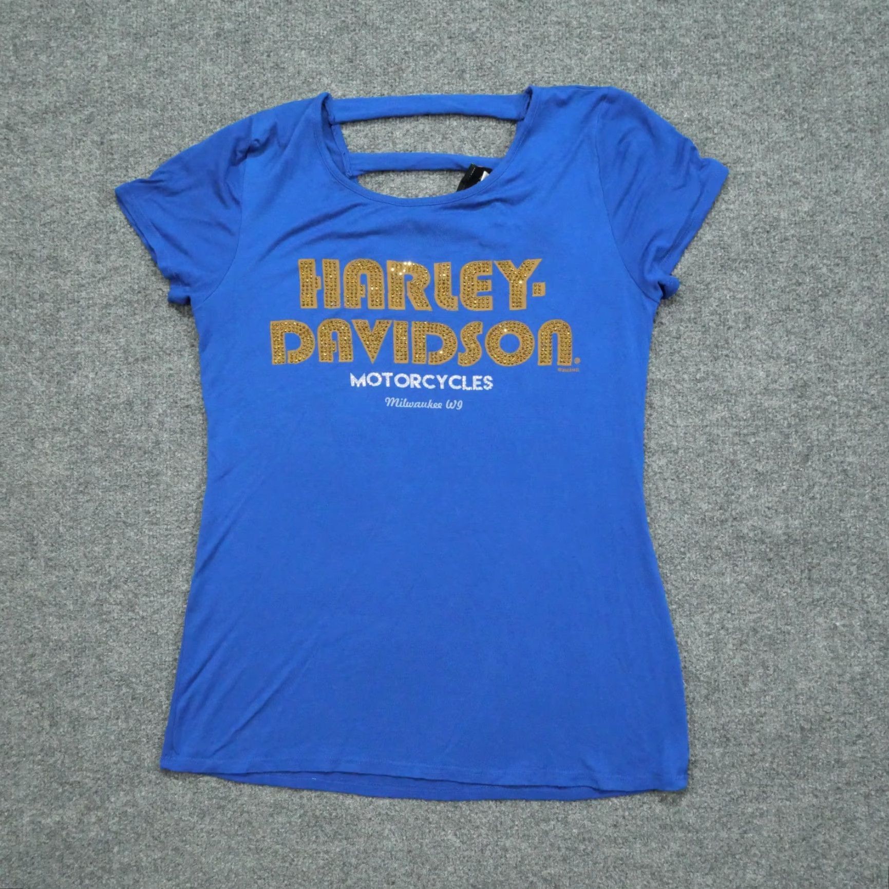 Harley Davidson VINTAGE Harley-Davidson T Shirt Womens Small Blue Sequin Milwaukee Open Back Size S / US 4 / IT 40 - 2 Thumbnail