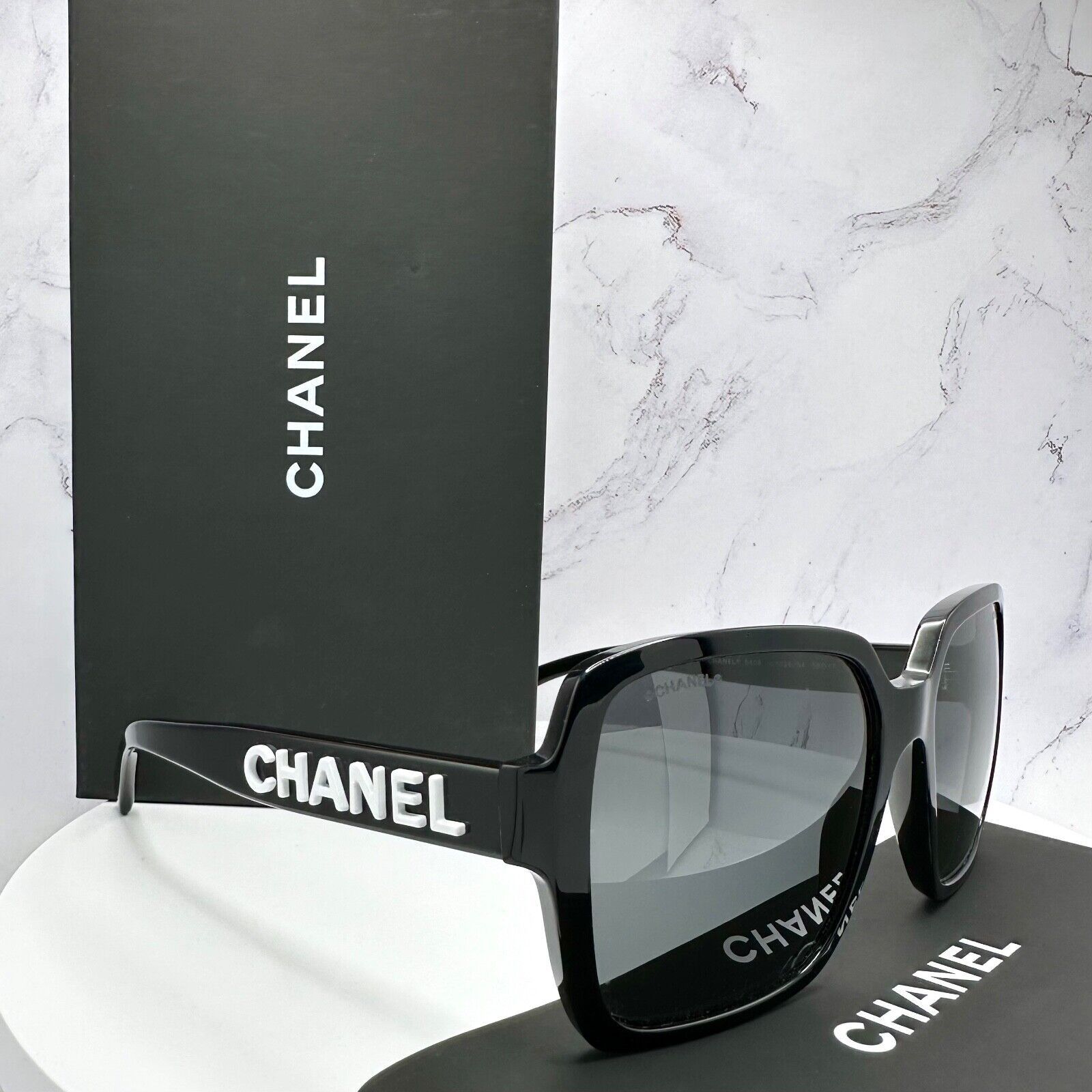 New CHANEL Sunglasses Black White Logo Square Acetate