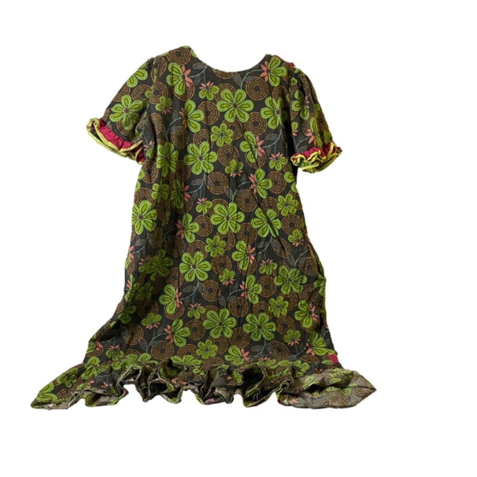 Handmade Boho Cottagecore Floral Ruffle Hem Green & Pink Dress L Size L / US 10 / IT 46 - 5 Thumbnail