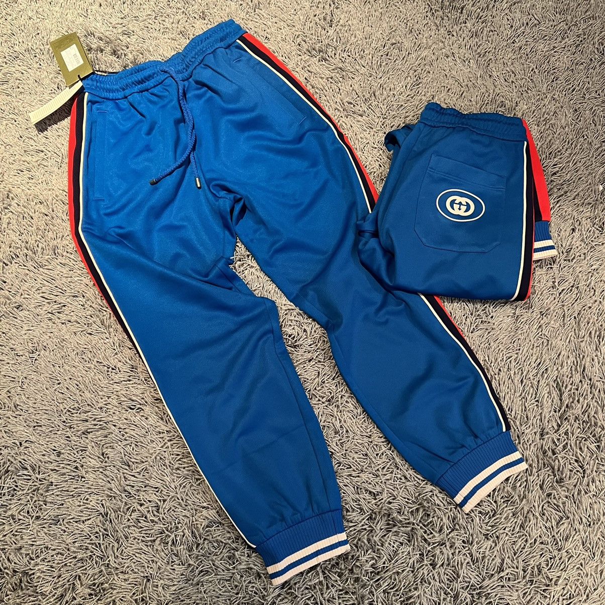 image of Gucci Navy Blue Red Trackpants Sweatpants Xs New GG Logo Bee, Men's (Size 31)