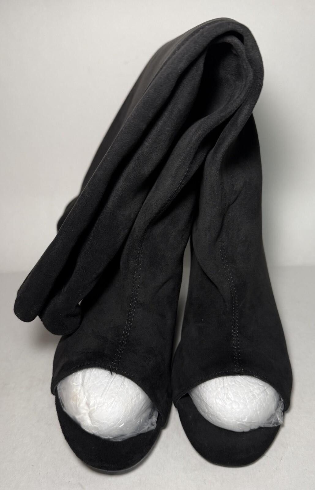 Fashion Nova Knee High Boots Faux Suede Peep Toe Black Size US 10 / IT 40 - 1 Thumbnail