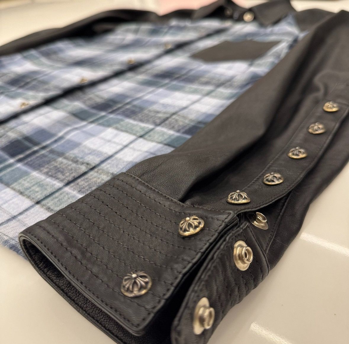 Chrome Hearts Leather sleeve flannel shirt jacket Size US S / EU 44-46 / 1 - 3 Thumbnail