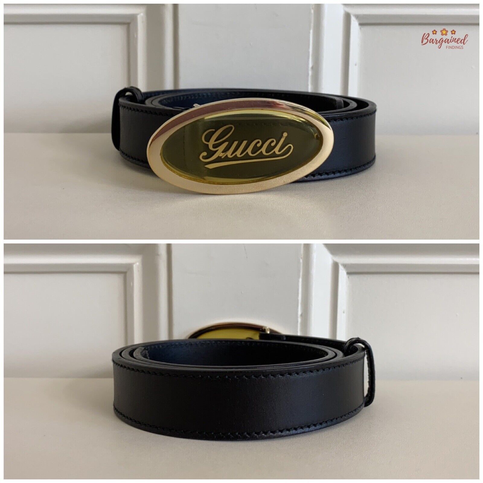 Gucci GUCCI Black Calfskin Leather Gold Script Oval Buckle Belt Size 32 - 8 Thumbnail
