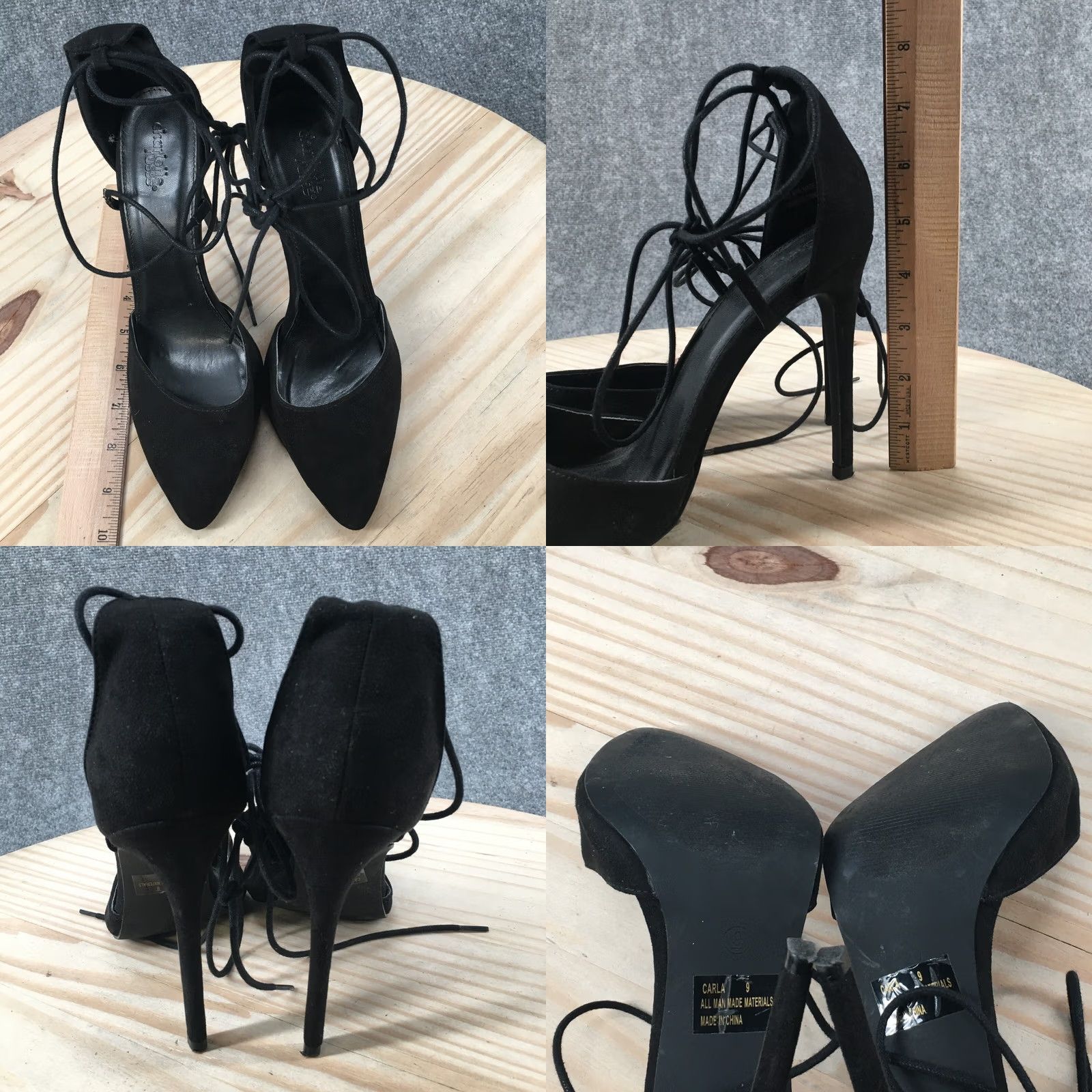 Vintage Charlotte Russe Carla D'Orsay Pump Womens 9 Black Lace Up Stiletto Heels Suede Shoes Size US 9 / IT 39 - 8 Thumbnail