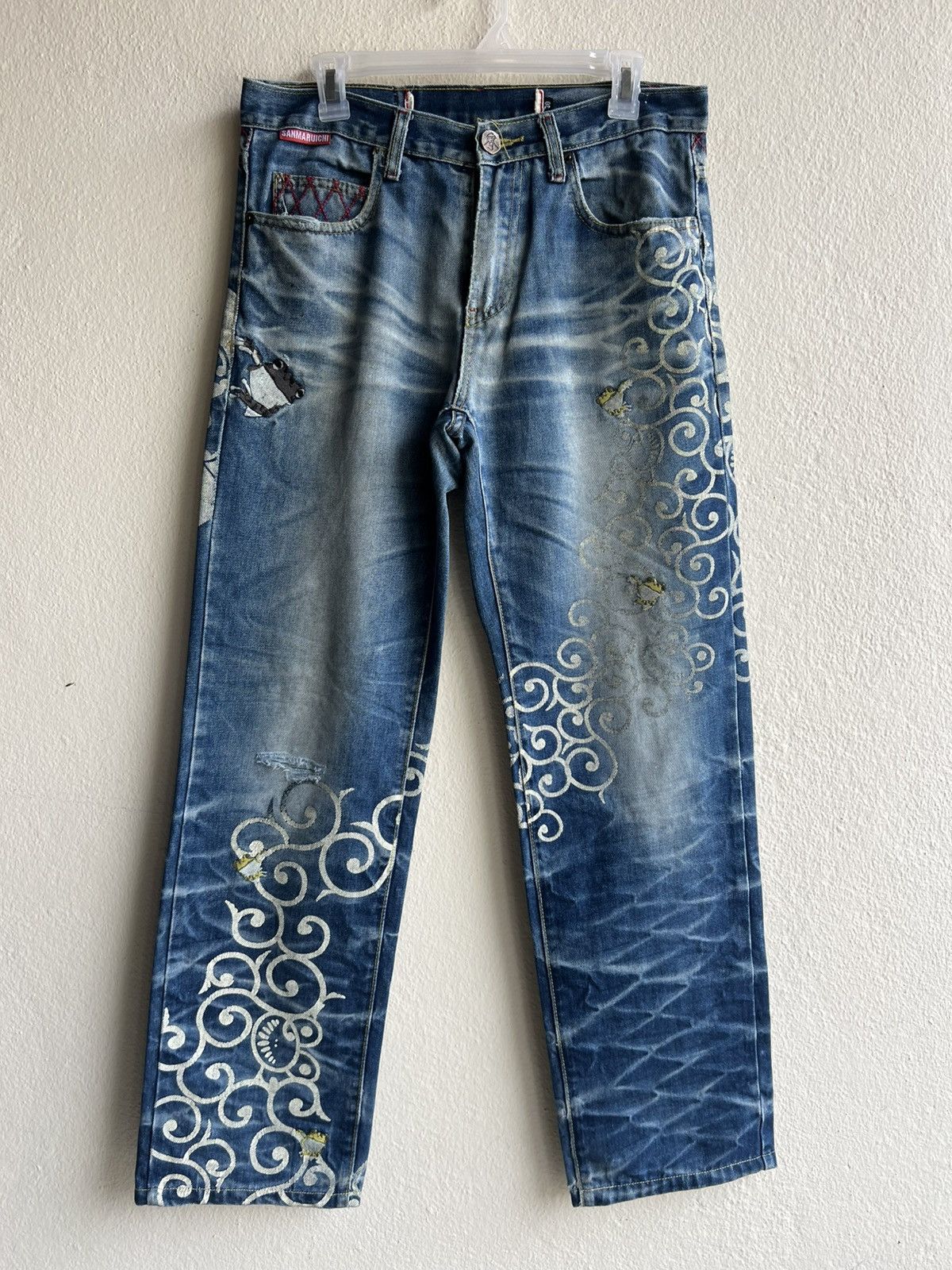 Vintage Dirty Mud SANMARUICHI Distress Frog Embroidery Denim Jeans Size US 30 / EU 46 - 2 Thumbnail
