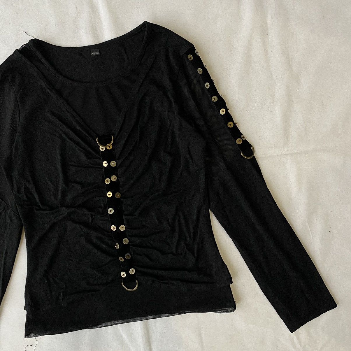 Japanese Brand Black Studded Ruched Mesh Double Layer Punk Goth Grunge Top Size M / US 6-8 / IT 42-44 - 4 Thumbnail