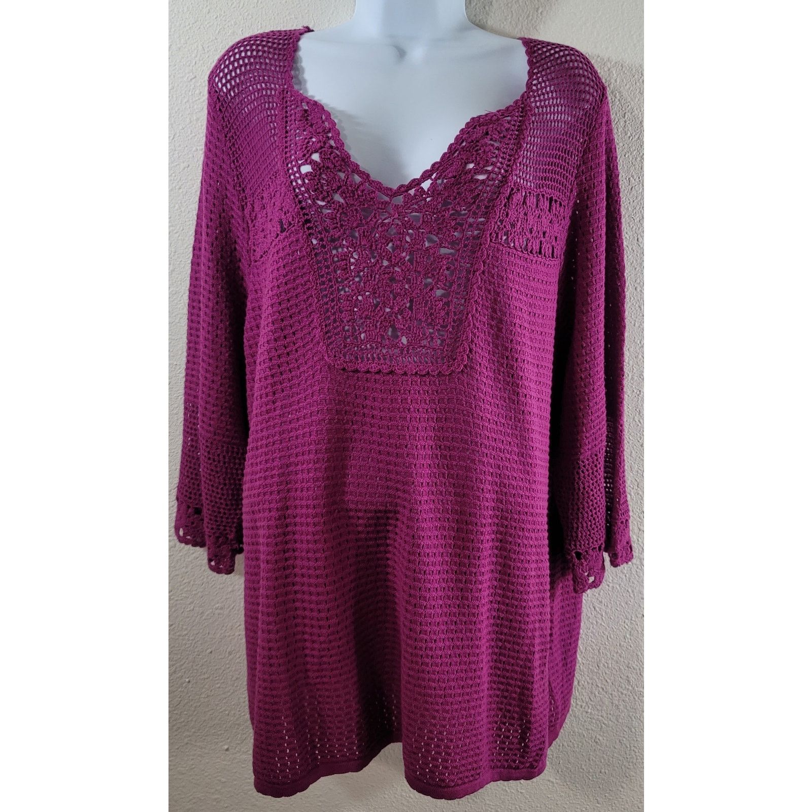 Other Roaman's Purple Open Knit V Neck Top 1X Plus Lightweight Size XXL / US 16-18 / IT 52-54 - 2 Thumbnail