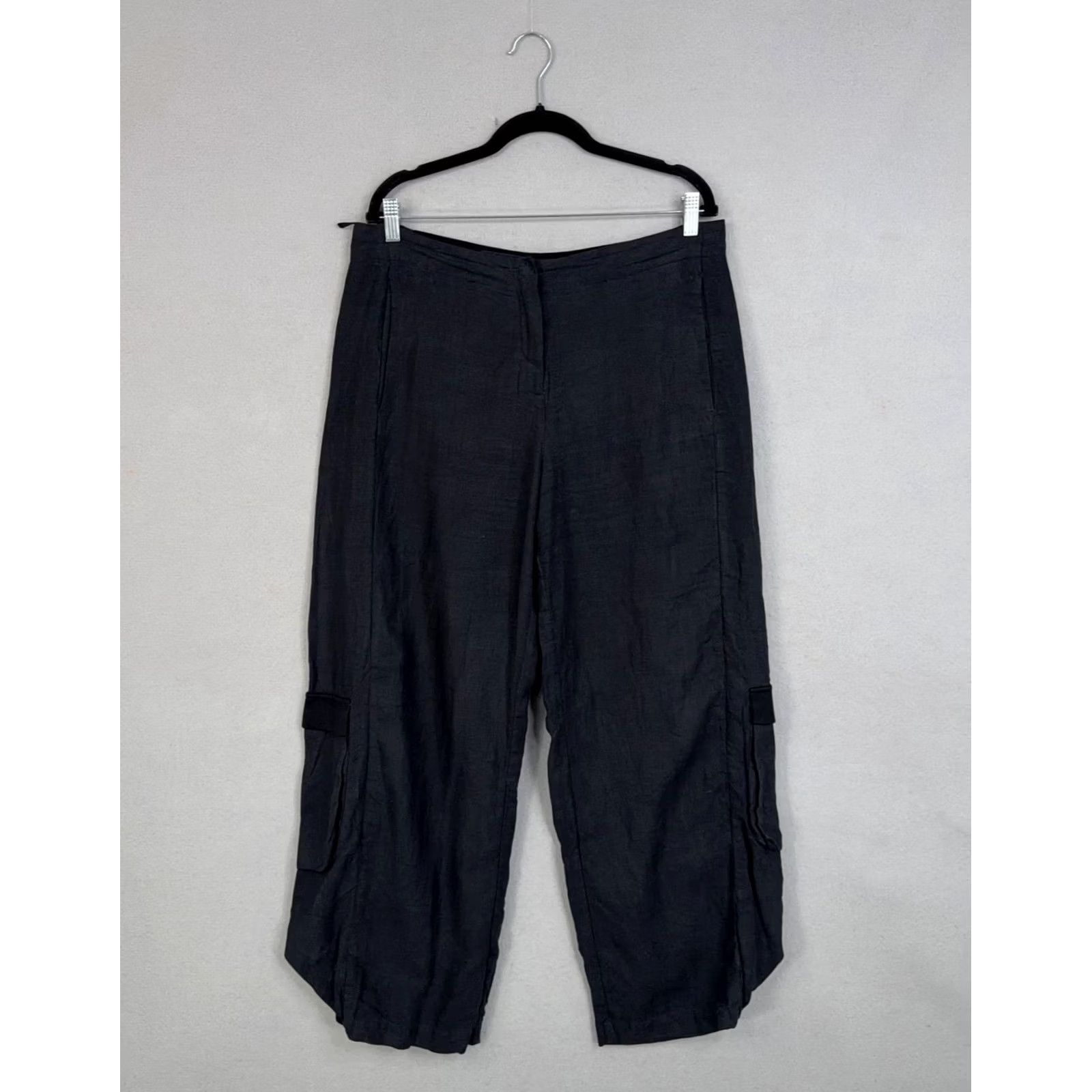 Vintage Annette Görtz Pants Womens 42 Black Linen Cargo Wide Leg Avant Garde Trousers Size 28" / US 6 / IT 42 - 2 Thumbnail
