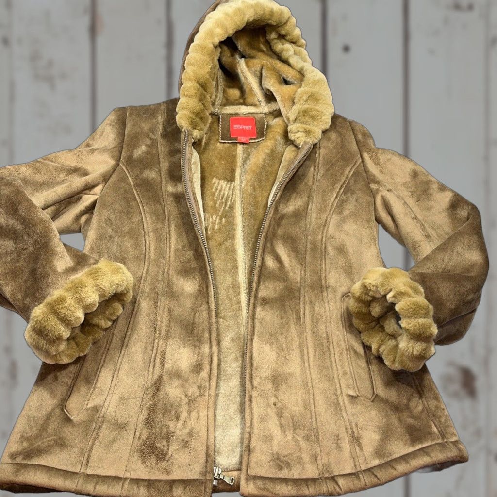 Esprit VINTAGE Esprit Coat Parka Casual Womens Tan Faux Fur SUEDE Hooded Zip Up Winter L Size L / US 10 / IT 46 - 1 Thumbnail