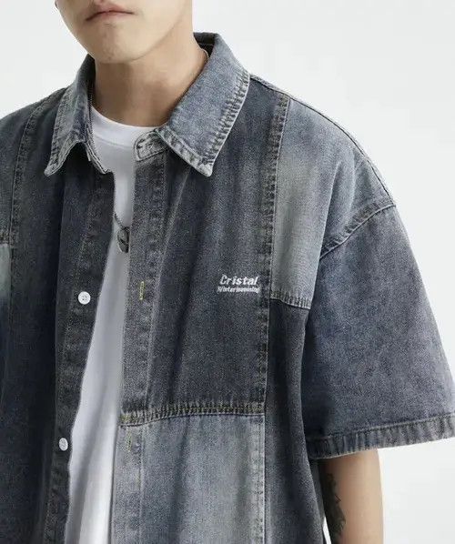 Individualized Shirts × Japanese Brand Retro y2k patchwork denim short sleeve shirt hip hop Size US L / EU 52-54 / 3 - 4 Thumbnail