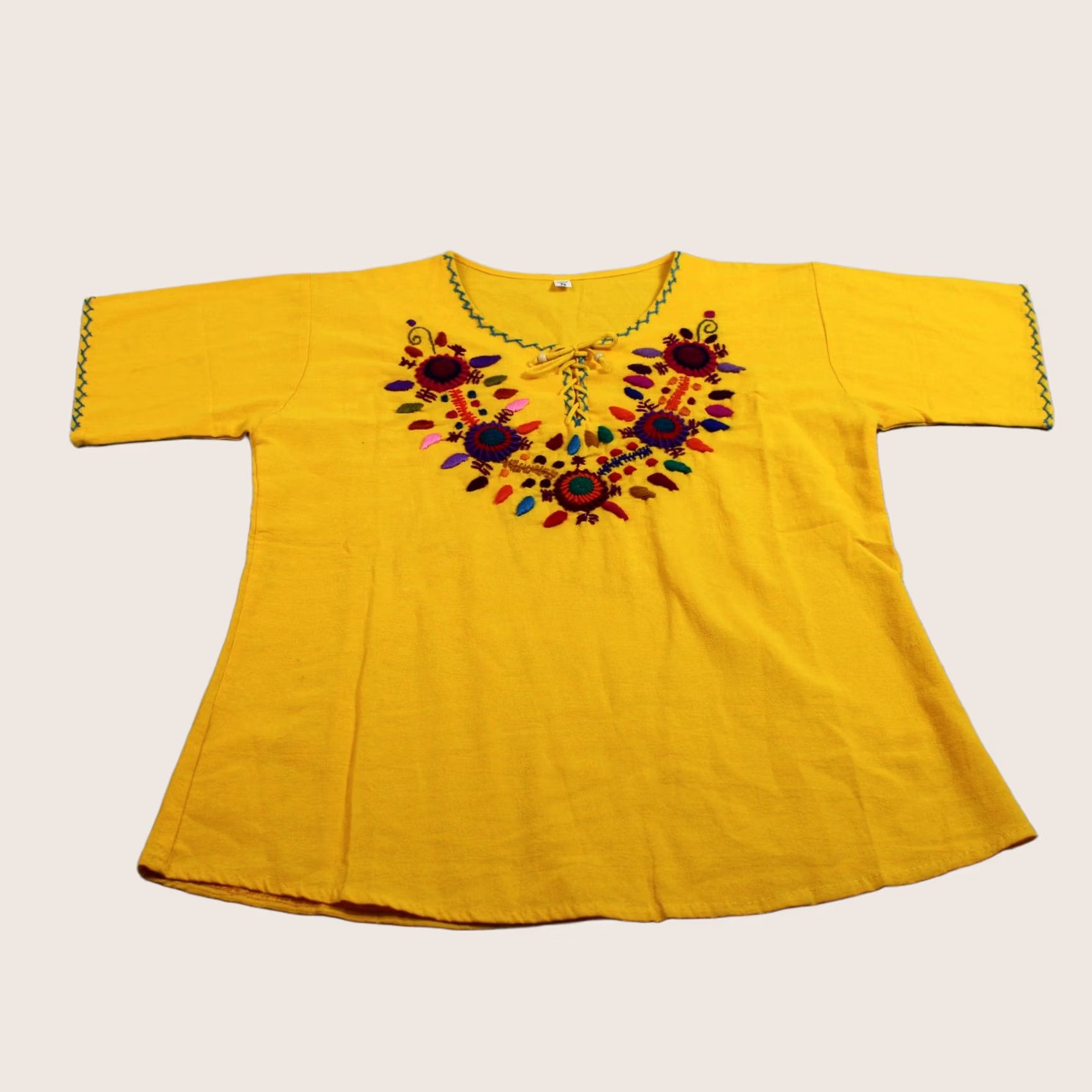 Vintage Mexican Embroidered Shirt Women S Yellow Floral Boho Cotton Festival Artsy Tunic V-neck Short Sleeve Womens Mens Size S / US 4 / IT 40 - 1 Thumbnail