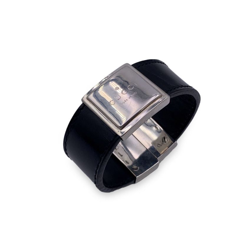 image of Gucci Black Leather Sterling Silver 925 Bangle Cuff Bracelet, Women's