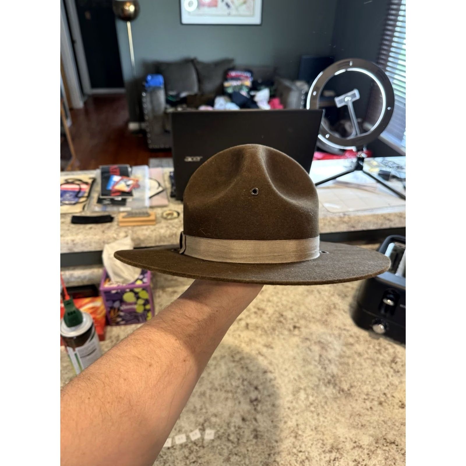 FELT VINTAGE Stratton Self Forming Drill Sergeant Instructor Wool Felt Hat 7 1/4 USA Size ONE SIZE - 4 Thumbnail