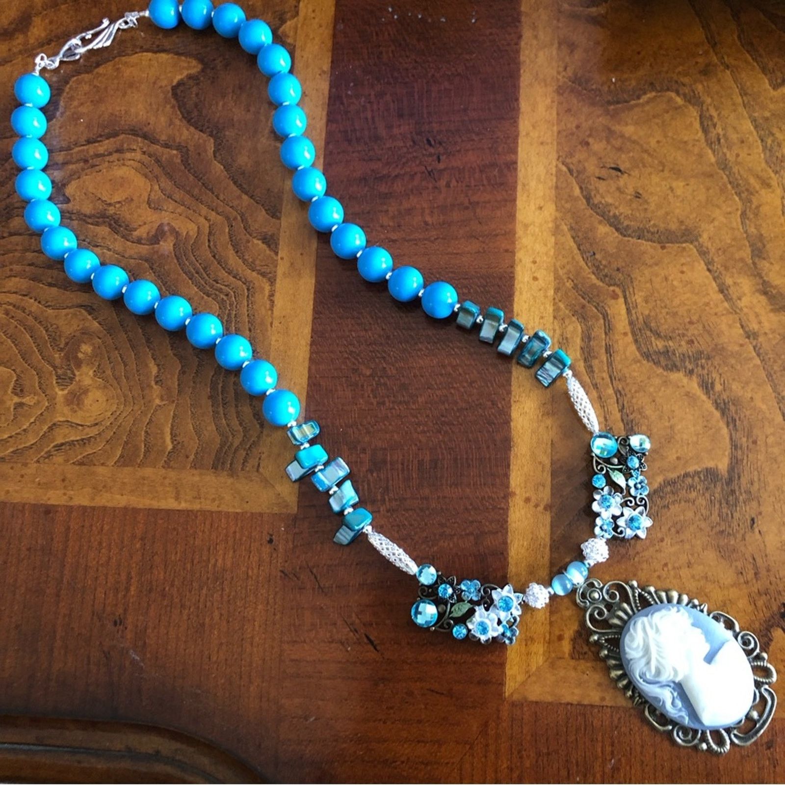 Handmade Handcrafted lady in blue mixed bead filigree cameo necklac Size ONE SIZE - 9 Thumbnail