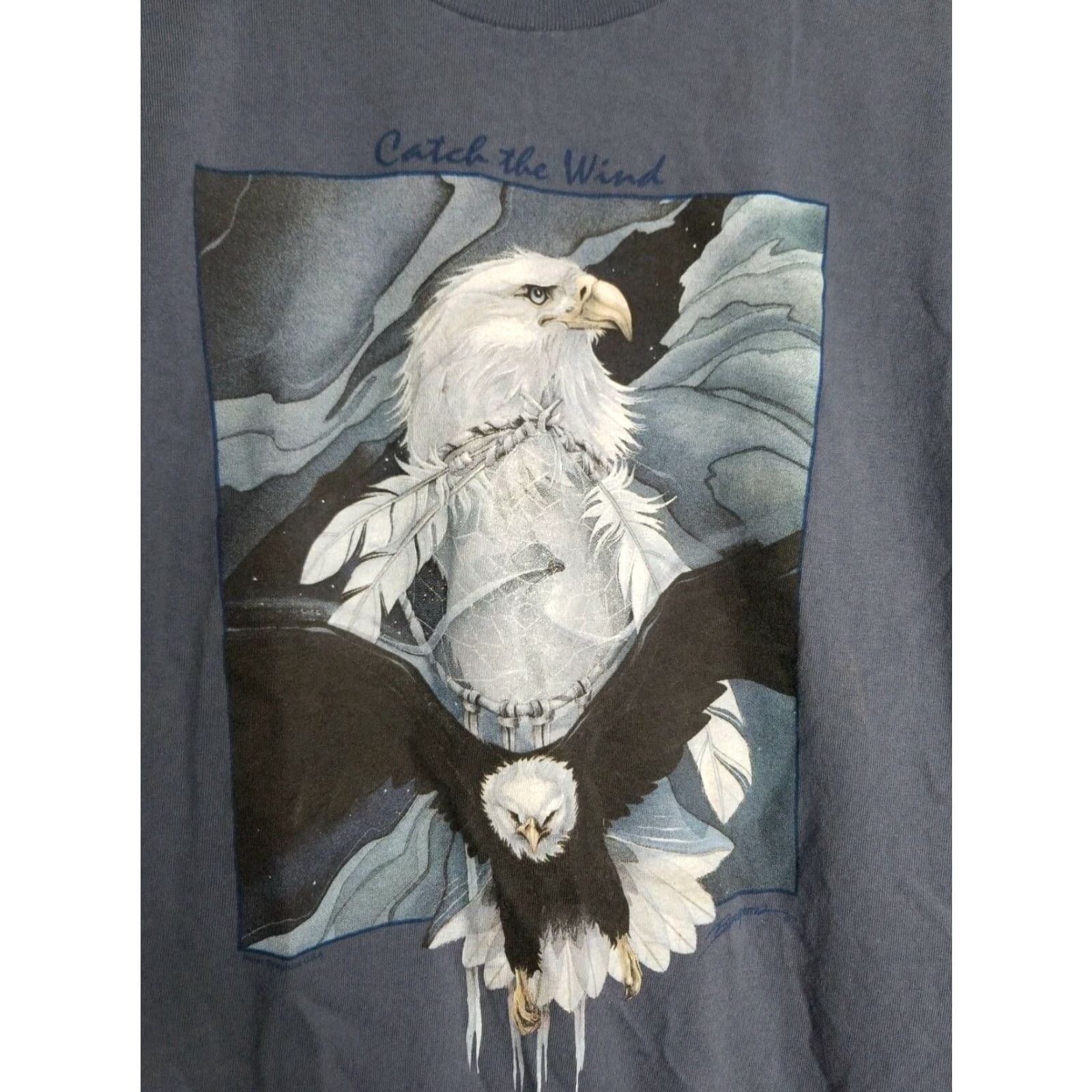 Anvil VINTAGE Anvil Bald Eagle T Shirt Single Stitch Shirt Mens L Blue 1990s USA Catch The Wind Size US L / EU 52-54 / 3 - 4 Thumbnail