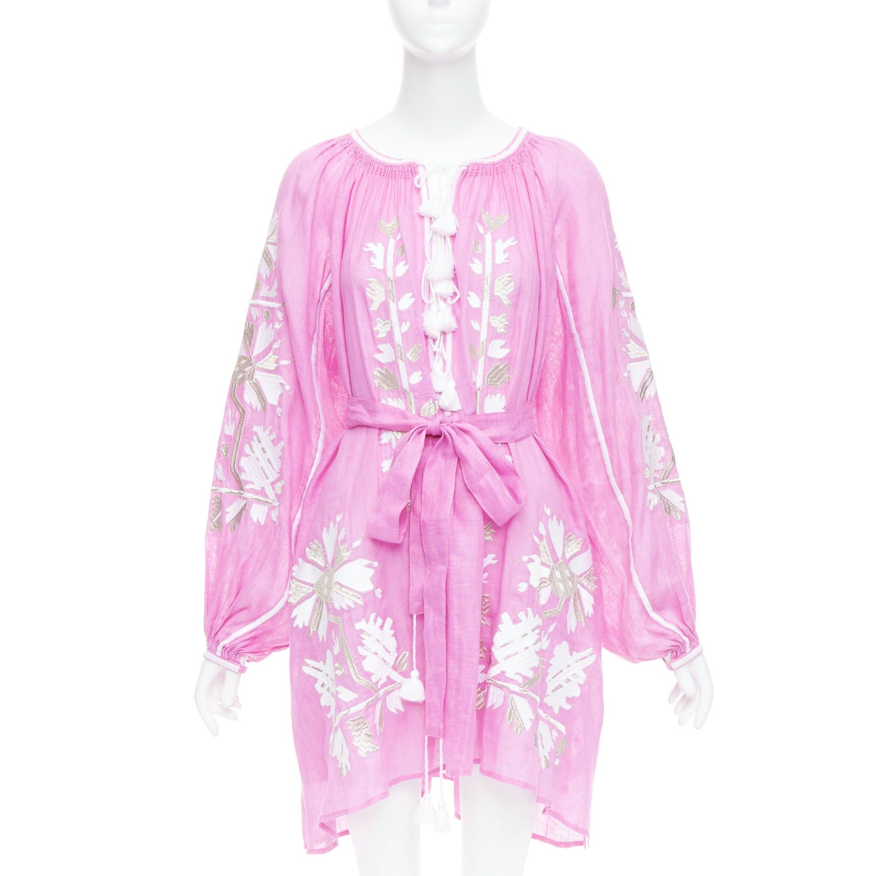 Other MARCH 11 100% linen pink white silver cotton embroidery boho dress S Size S / US 4 / IT 40 - 1 Thumbnail