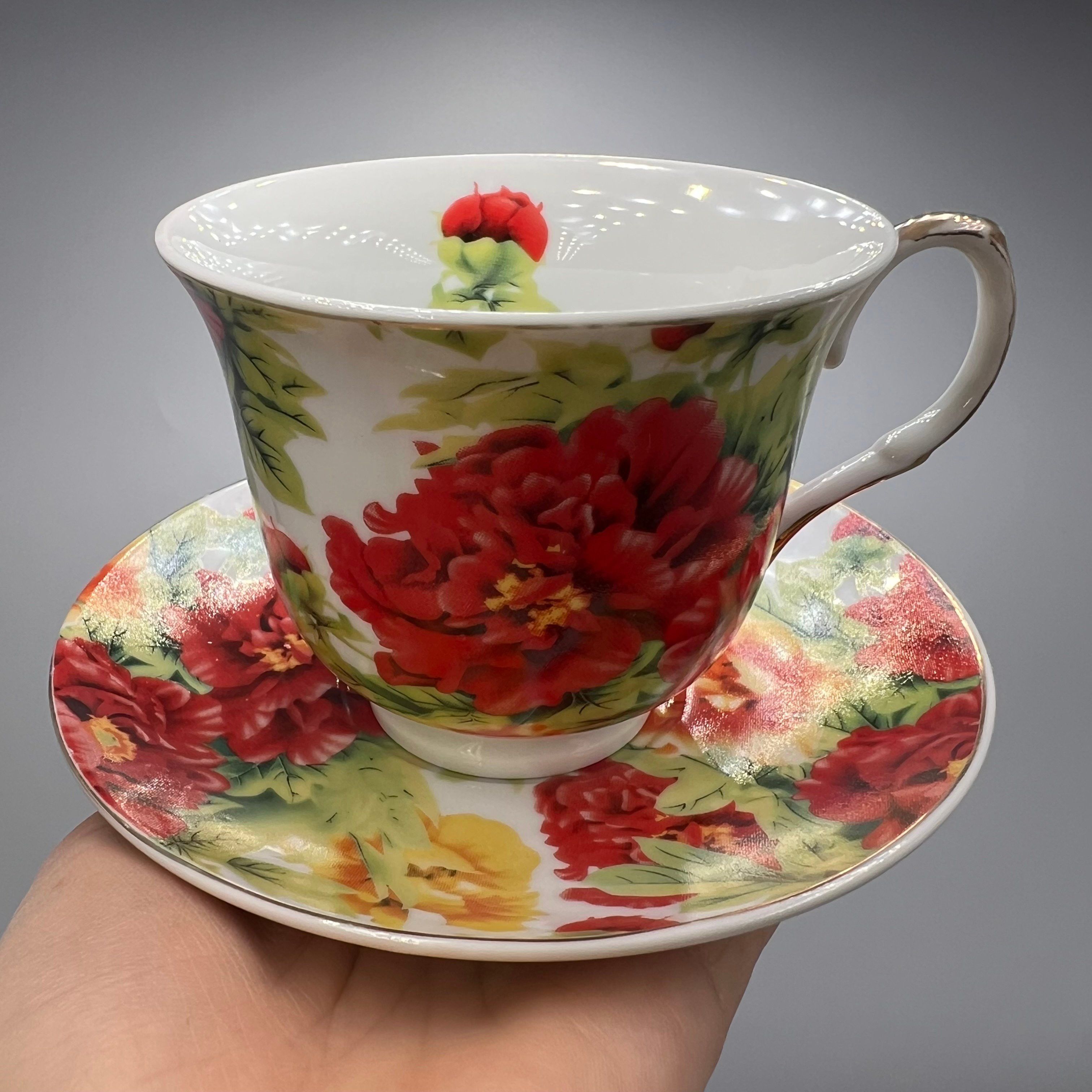 Vintage Set Cup Saucer Tea Hot Porcelain Stamp Rose