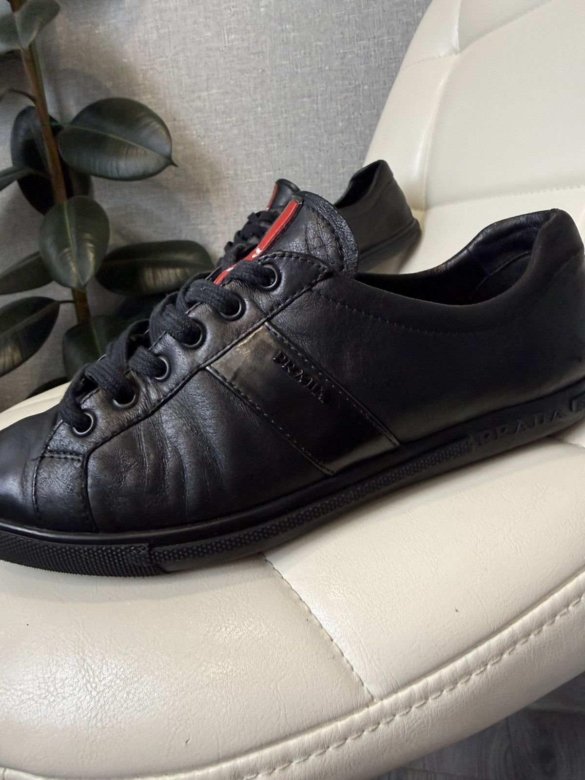 Prada Prada Black Leather Low-Top Sneakers with Red Stripe Logo Size US 7 / IT 37 - 4 Thumbnail