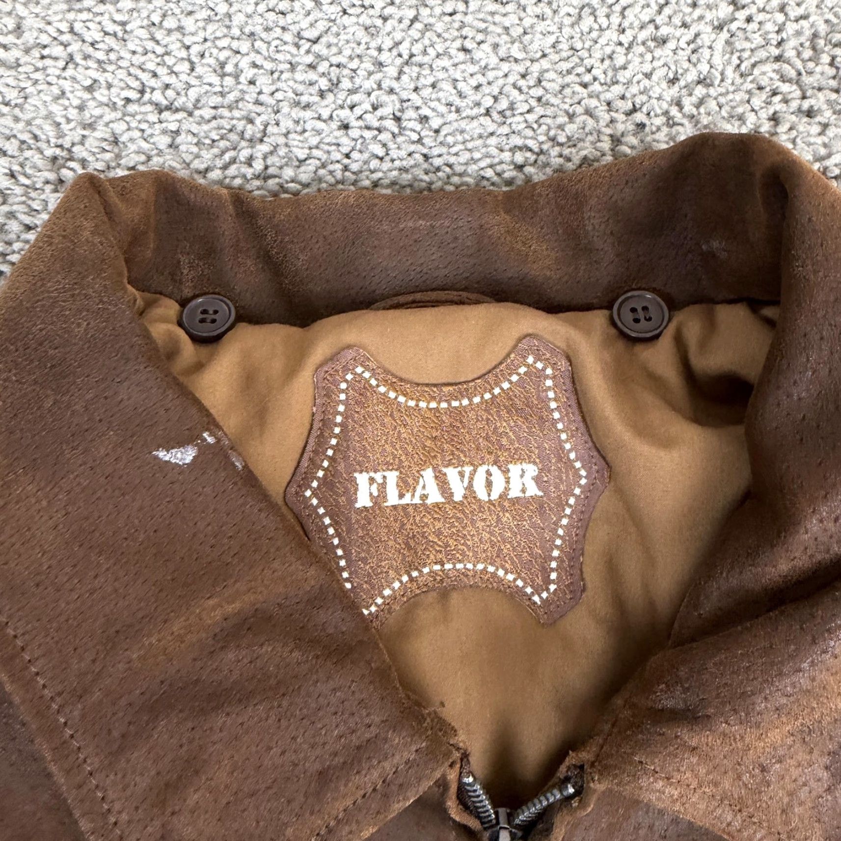 Vintage FLAVOR Jacket Mens Medium Brown Leather Bomber USA Flag Lined Full Zip Ribbed Size US M / EU 48-50 / 2 - 5 Thumbnail