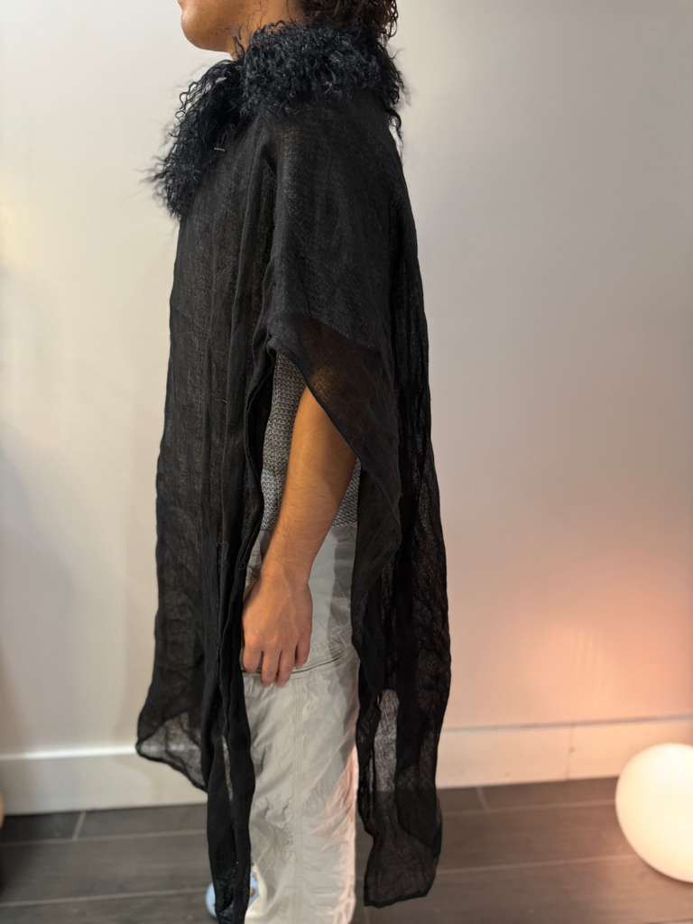 Other Black linen Poncho with real Mongolian Fur Neckline Size US XS / EU 42 / 0 - 10 Thumbnail