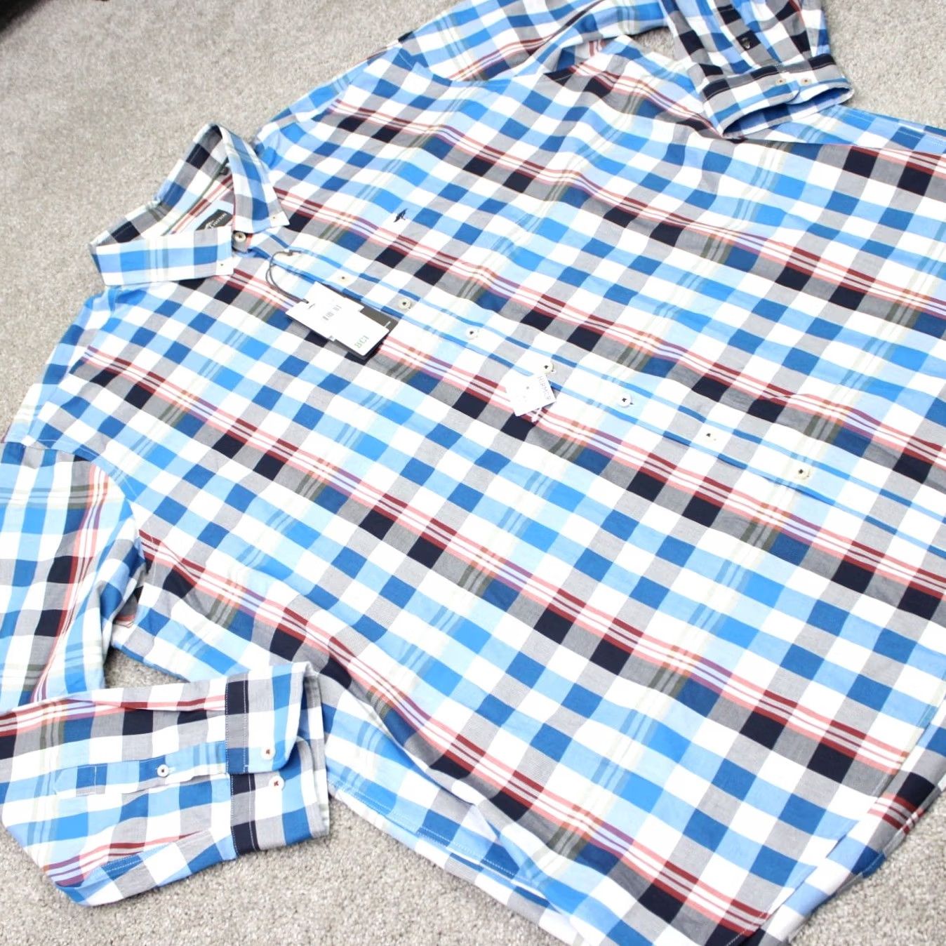 Vintage Fynch Hatton Shirt Mens 6XL Blue Red Plaid Long Sleeve Button-Up NWT Cotton 100% Size US XXL / EU 58 / 5 - 7 Thumbnail