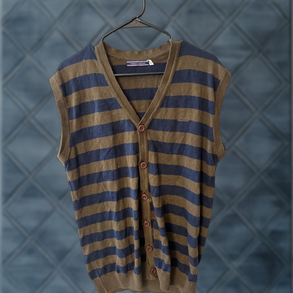 Tommy Hilfiger Tommy Hilfiger Golf Button Up Sweater Vest Men's XL Brown Blue Striped Sleeveless Size US XL / EU 56 / 4 - 1 Thumbnail