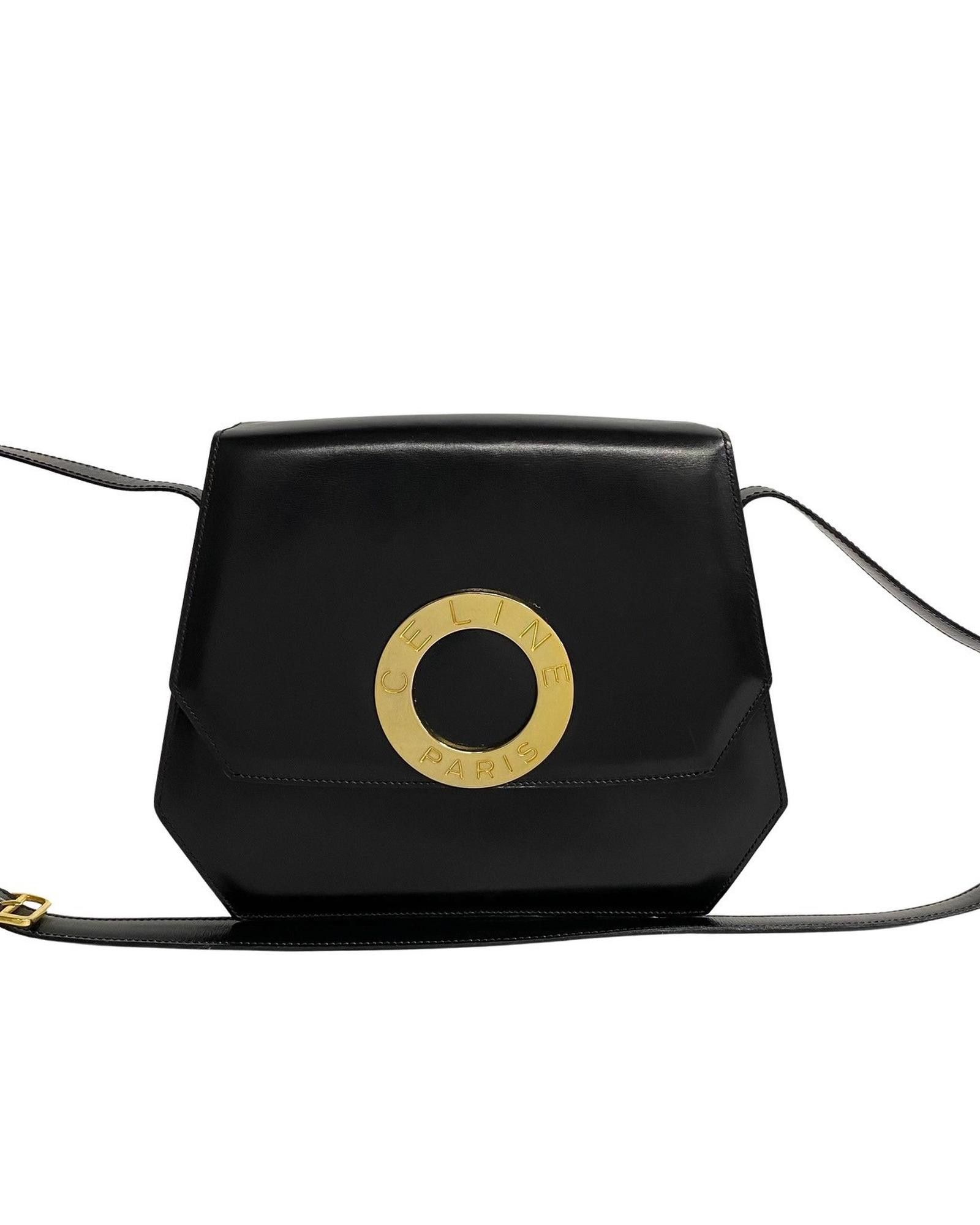 image of Celine Leather Circle Logo Shoulder Bag in Black, Women's