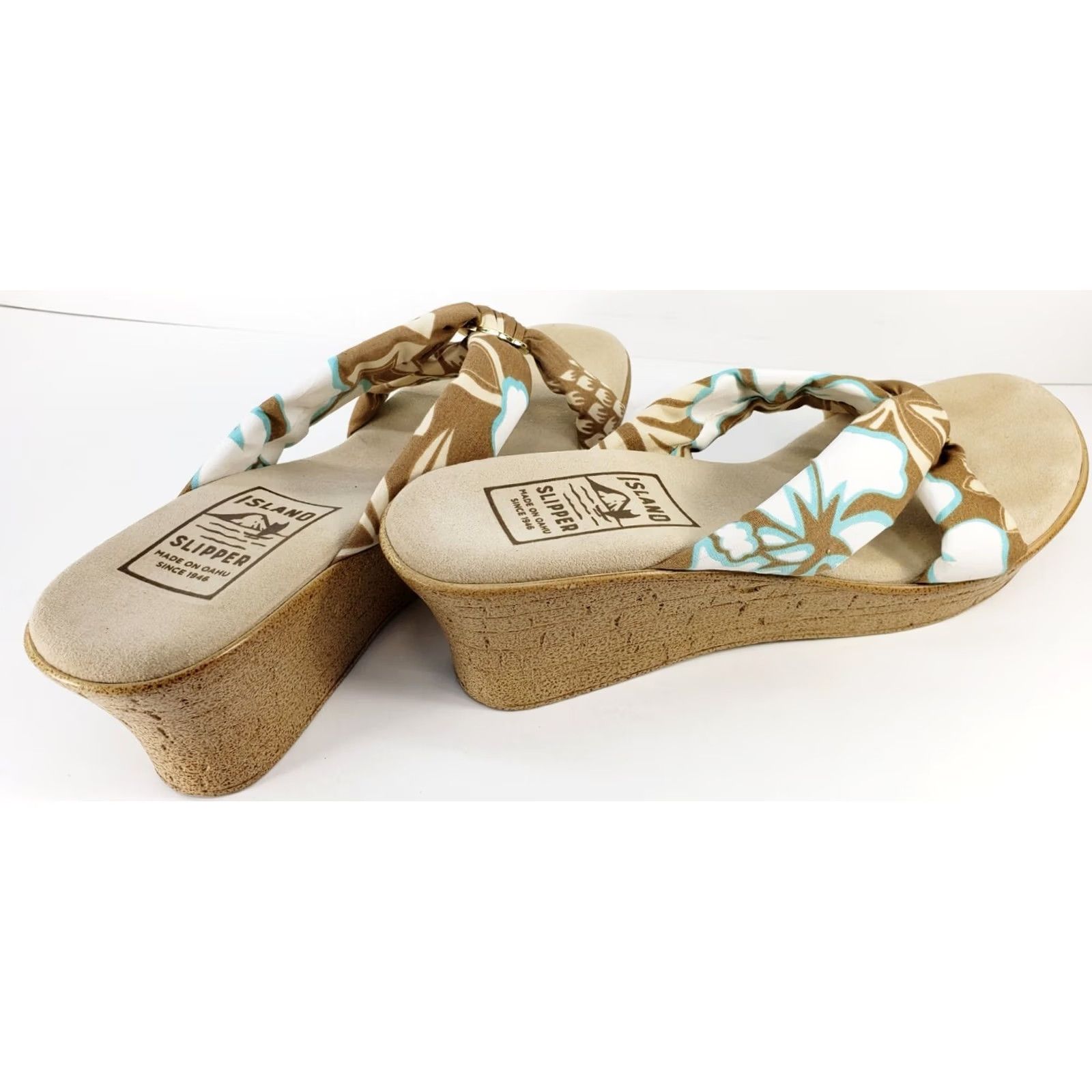 Vintage Island Slipper Women's 10 Brown Blue White Tropical Fabric Slide Wedge Sandal Size US 10 / IT 40 - 4 Thumbnail