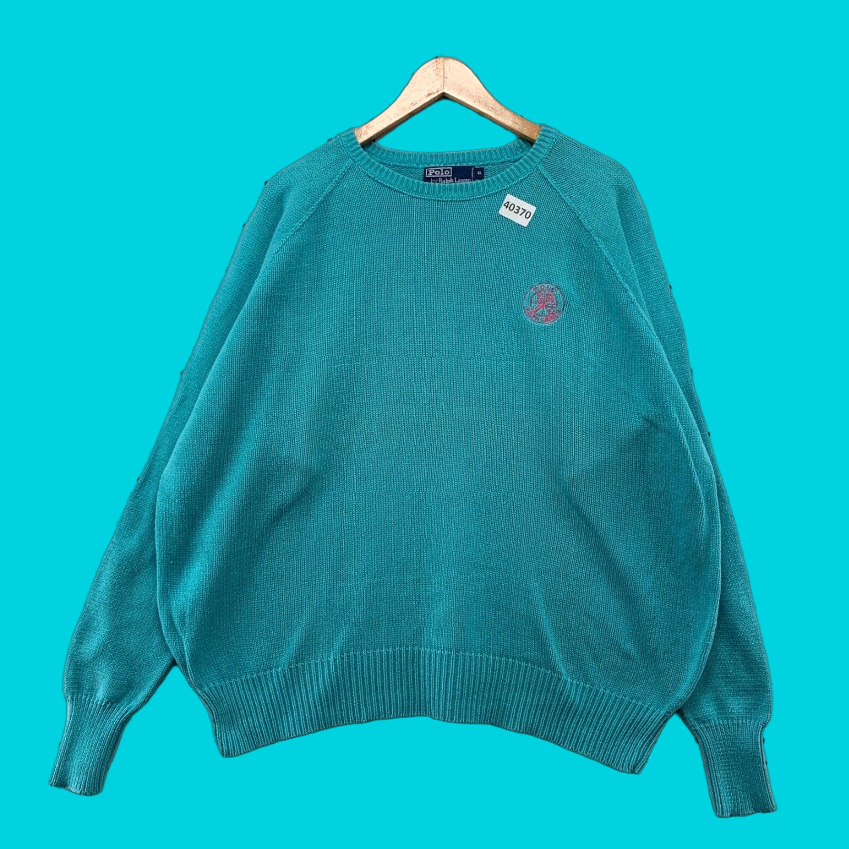 VINTAGE Polo Ralph Lauren Sweater XL Blue Green Cookie Crest Knit Pullover Crew Neck Mens 26.5x26