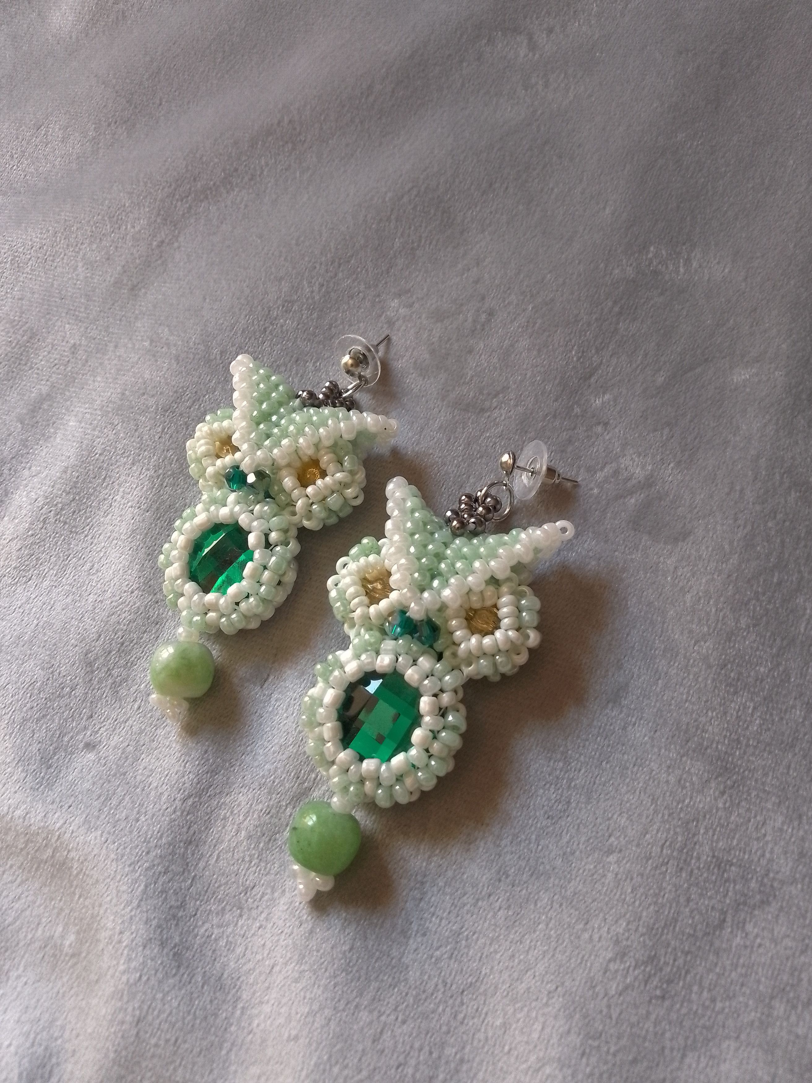 Handmade Owl dangling earrings with precious gemstones and zirconia Size ONE SIZE - 2 Thumbnail