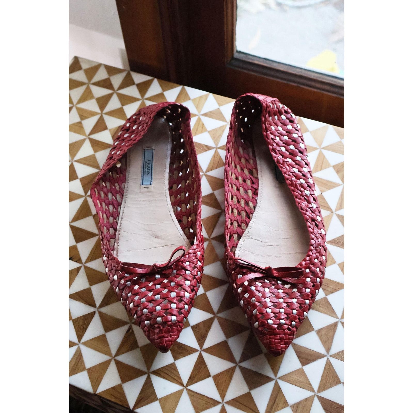 Prada Vintage PRADA Y2K Red + Metallic Silver Leather Woven Flats Size US 10 / IT 40 - 3 Thumbnail