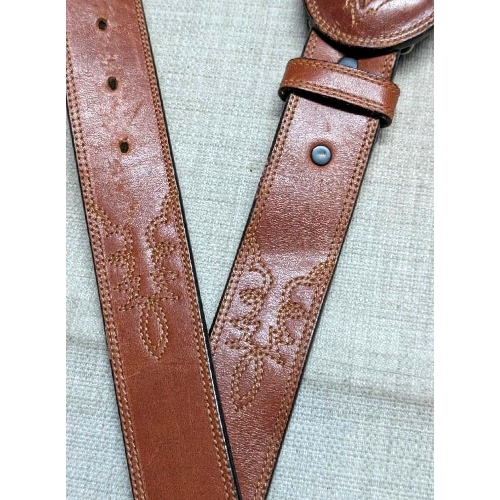 Vintage VINTAGE WESTERN belt LIZARD buckle USA made brown 38 leather COWBOY belt Men Buckle inlay Stitched 1-1/2" width Size 38 - 7 Thumbnail