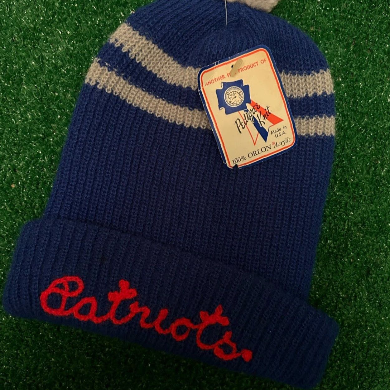 Vintage VINTAGE Patriots Script Stitch Logo VTG Beanie Winter Cap Knit NWT Pedigree Knit Men One Size Blue USA 80s 90s Sports Football Hip Hop Hat - Mens Size ONE SIZE - 2 Thumbnail