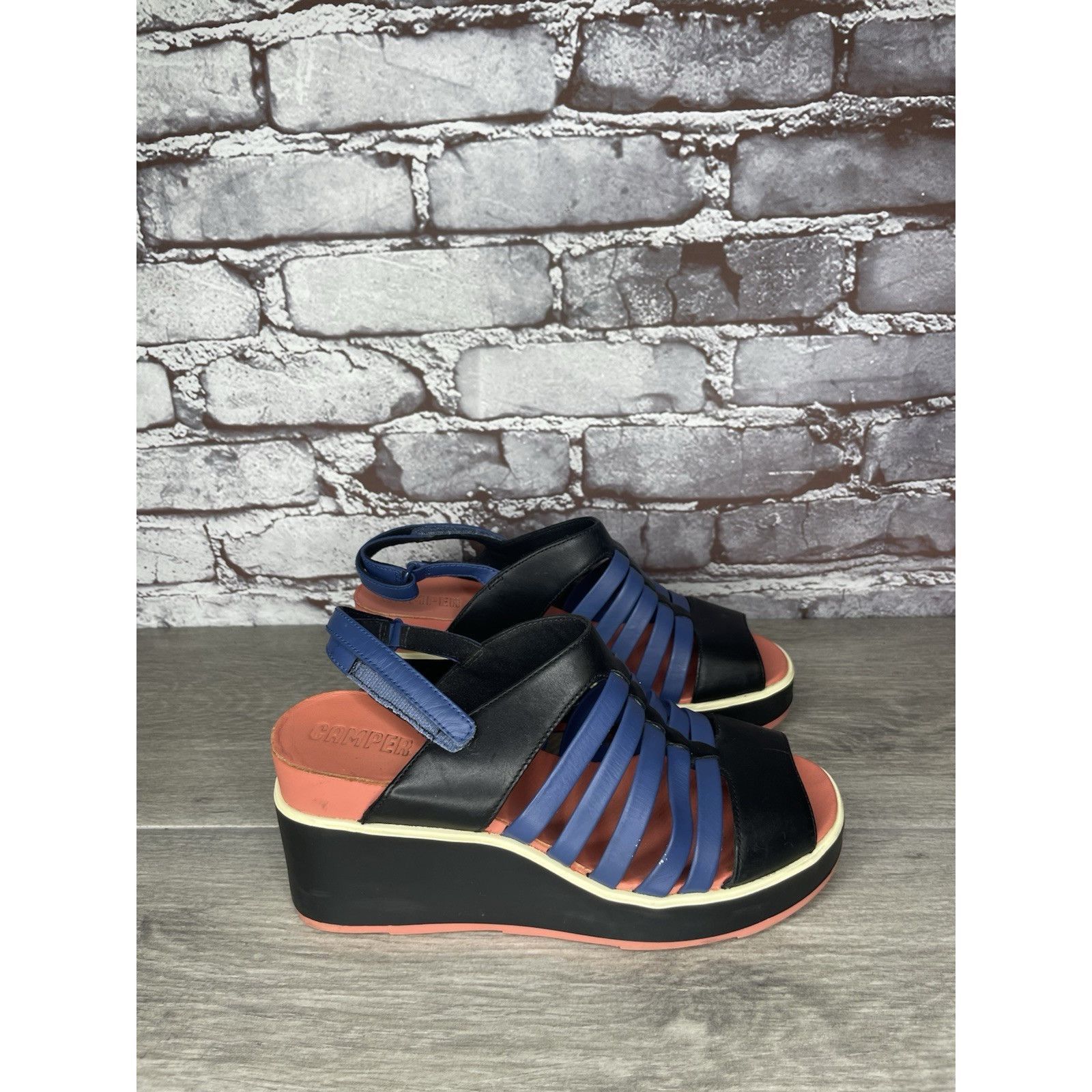 Camper Camper Tropic Black Blue Leather Ankle Strap Wedge Sandals W Size US 5.5 / IT 35.5 - 19 Thumbnail